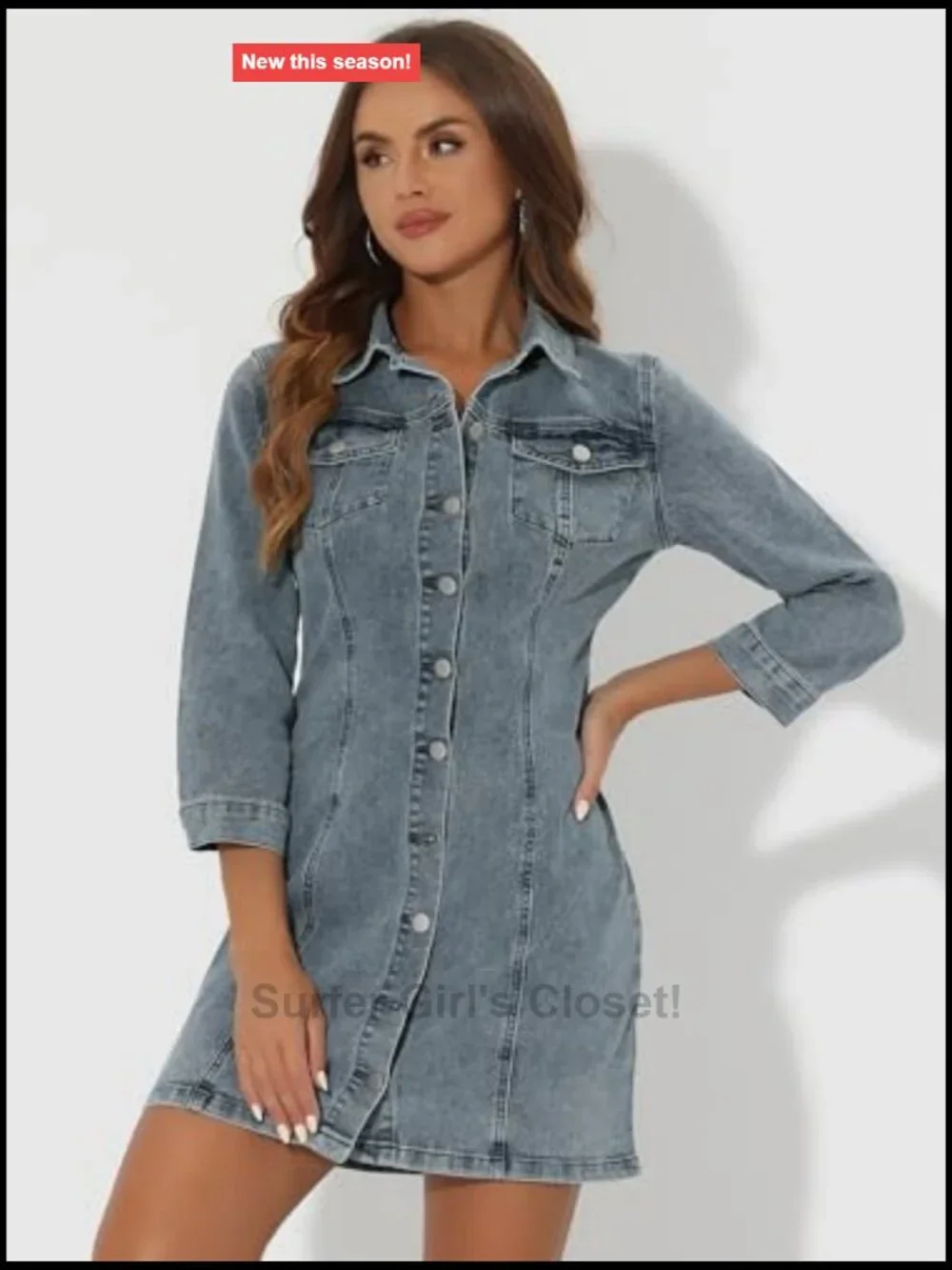 Womens Denim Mini Dress 3/4 Sleeve Button Down Fitted Casual Western Style